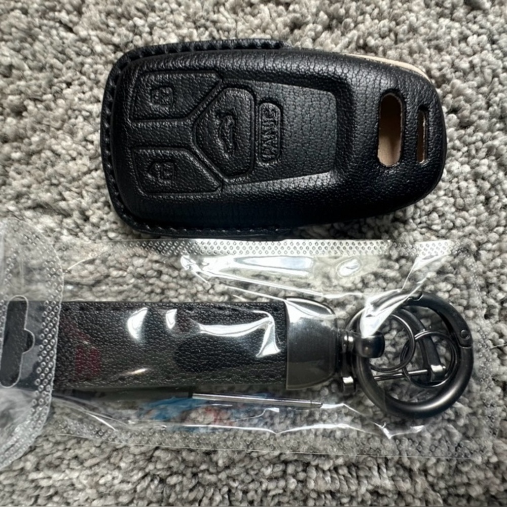 Riasot Leather Key Fob Cover & Keychain - Black - for Audi